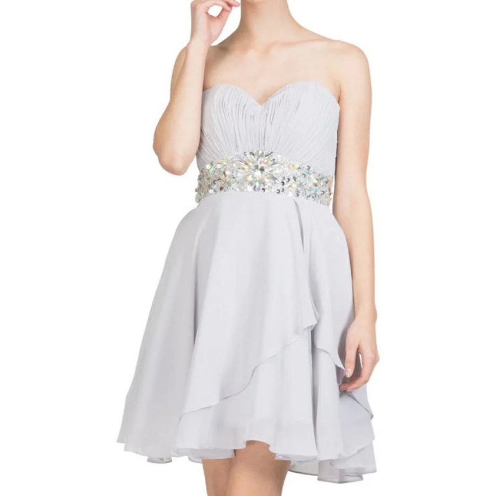 RUCHED SHORT STRAPLESS DRESS WITH BEADED WAIST BY STAR BOX 6068 (SILVER)